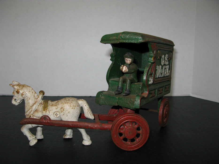 Vintage Heavy Cast Iron US Mail 128 Wagon/Carriage With Horse and Driver