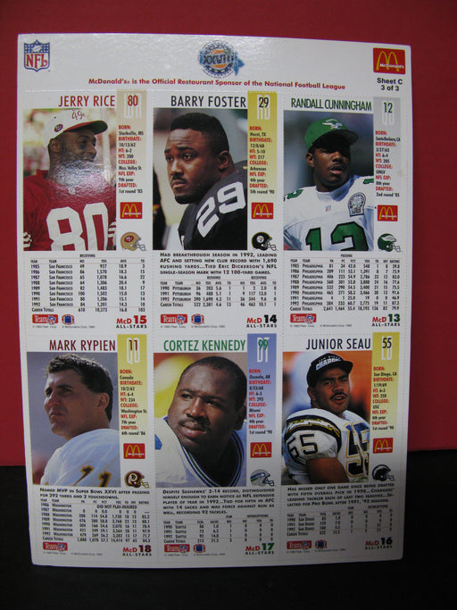 3 Sheets of NFL 1993 GameDay Collector Cards