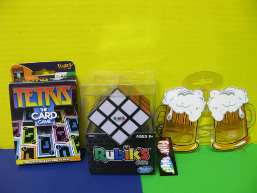 Rubik's Cube, Tetris Card Game, and Beer Glasses